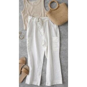 LOFT Linen Blend Pants Women’s 16 Petite White Belted Wide Leg NWT